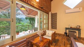 Desk, laptop workspace, blackout curtains, free WiFi