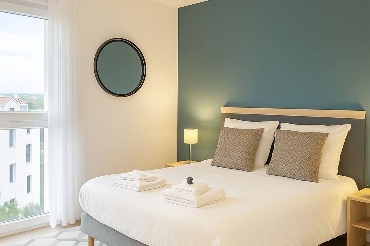 A modern hotel room with a large bed, a round mirror, and a view of buildings through the window.