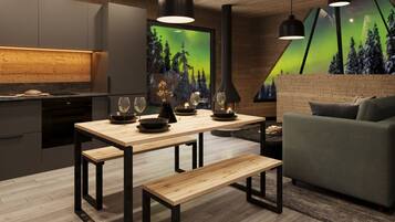Romantic Chalet, Kitchen, Partial Lake View | Free WiFi