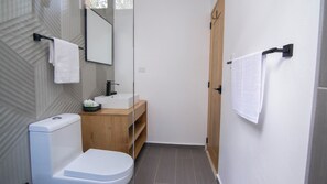 Shower, towels, soap, shampoo