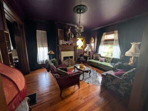 Smart TV, fireplace, books