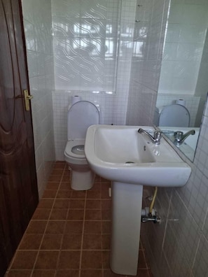 Deluxe appartement, uitzicht op de stad | Badkamer | Een douche, gratis toiletartikelen, badjassen, pantoffels