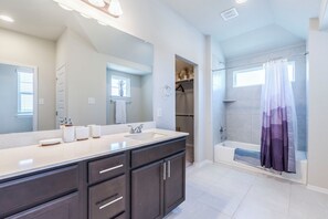 Hair dryer, towels, soap, shampoo