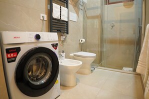 Shower, hair dryer, bidet, towels