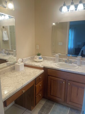 Hair dryer, towels, soap, toilet paper