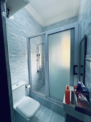 Hair dryer, towels, soap, toilet paper