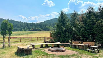 Relax and socialize around the fire pit in a serene outdoor space with benches and picnic tables.
