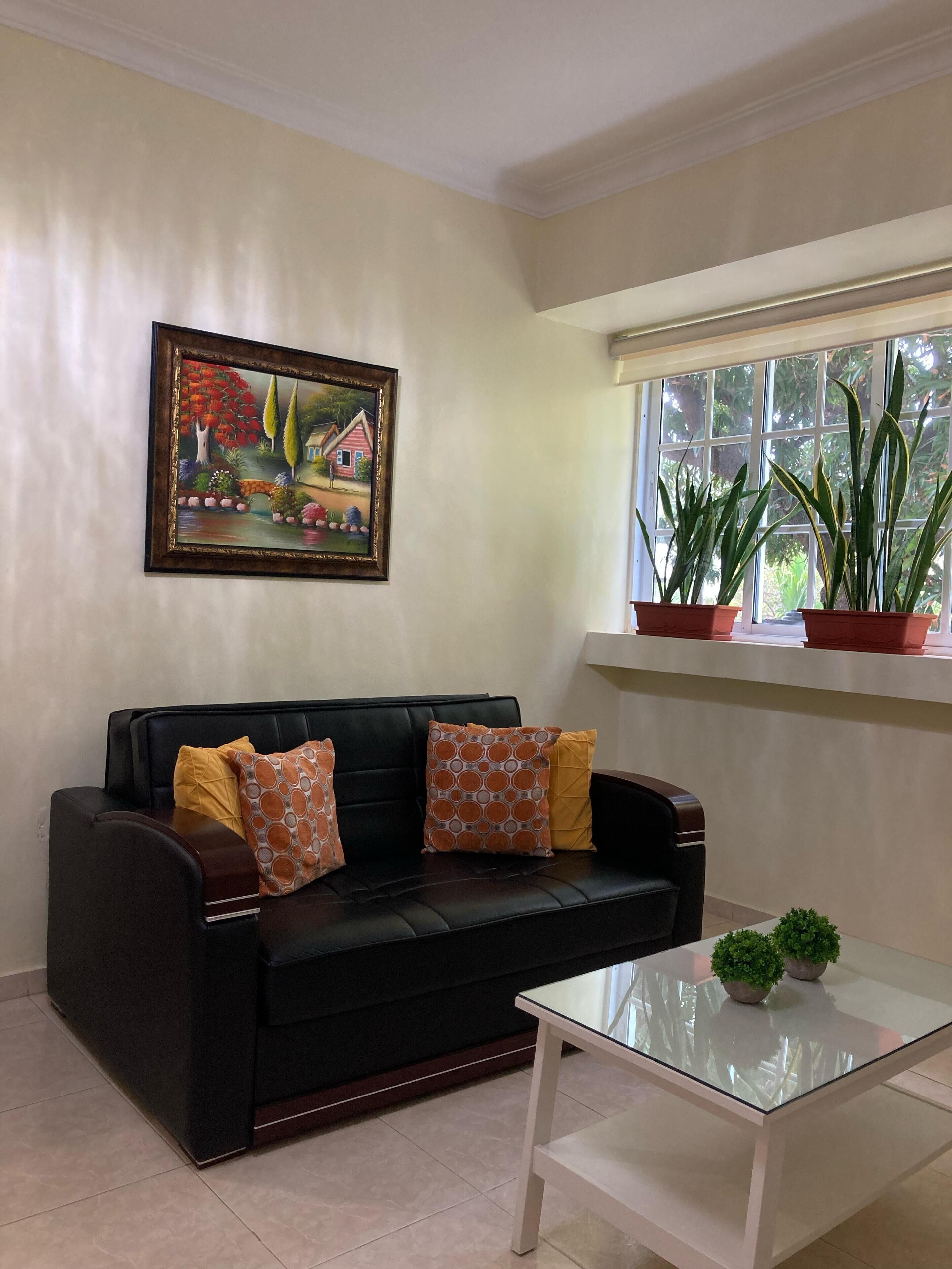 A living room with a black leather sofa, two patterned cushions, a glass coffee table, a painting on the wall, and potted plants by the window.