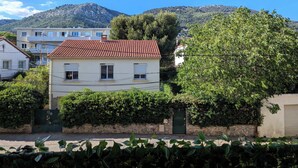 Zona residencial con una casa de techo de tejas, rodeada de vegetación y una montaña al fondo.