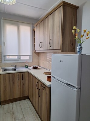 Family Apartment, Balcony, City View | Private kitchen | Full-size fridge, oven, stovetop, cookware/dishes/utensils - Villasabella 3 apartmens (Zakynthos)