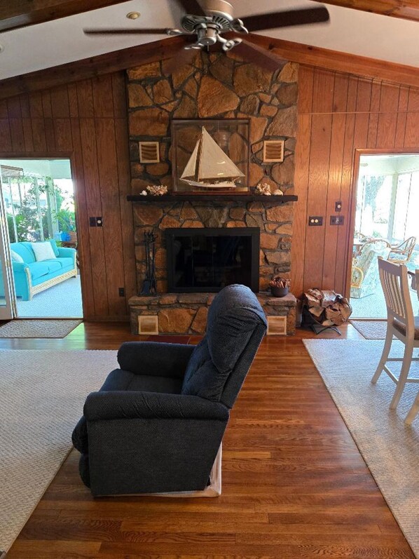 TV connectée, cheminée, livres, chaîne hi-fi