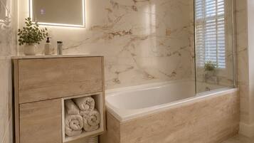 Shower, towels, toilet paper