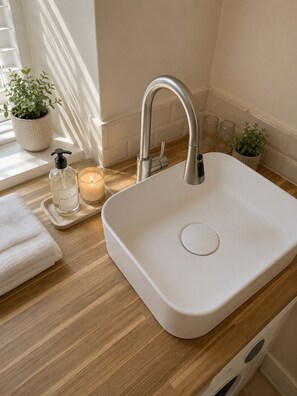 Un lavabo de salle de bain avec un robinet moderne, une bougie allumée, un distributeur de savon et une plante en pot.