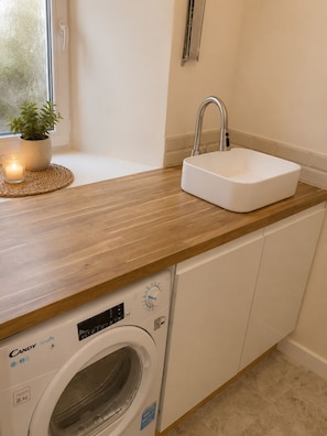 A laundry area with a washing machine, a sink, and a window with a plant.