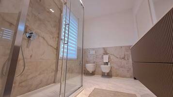 Shower, hair dryer, bidet, towels