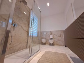 Shower, hair dryer, bidet, towels