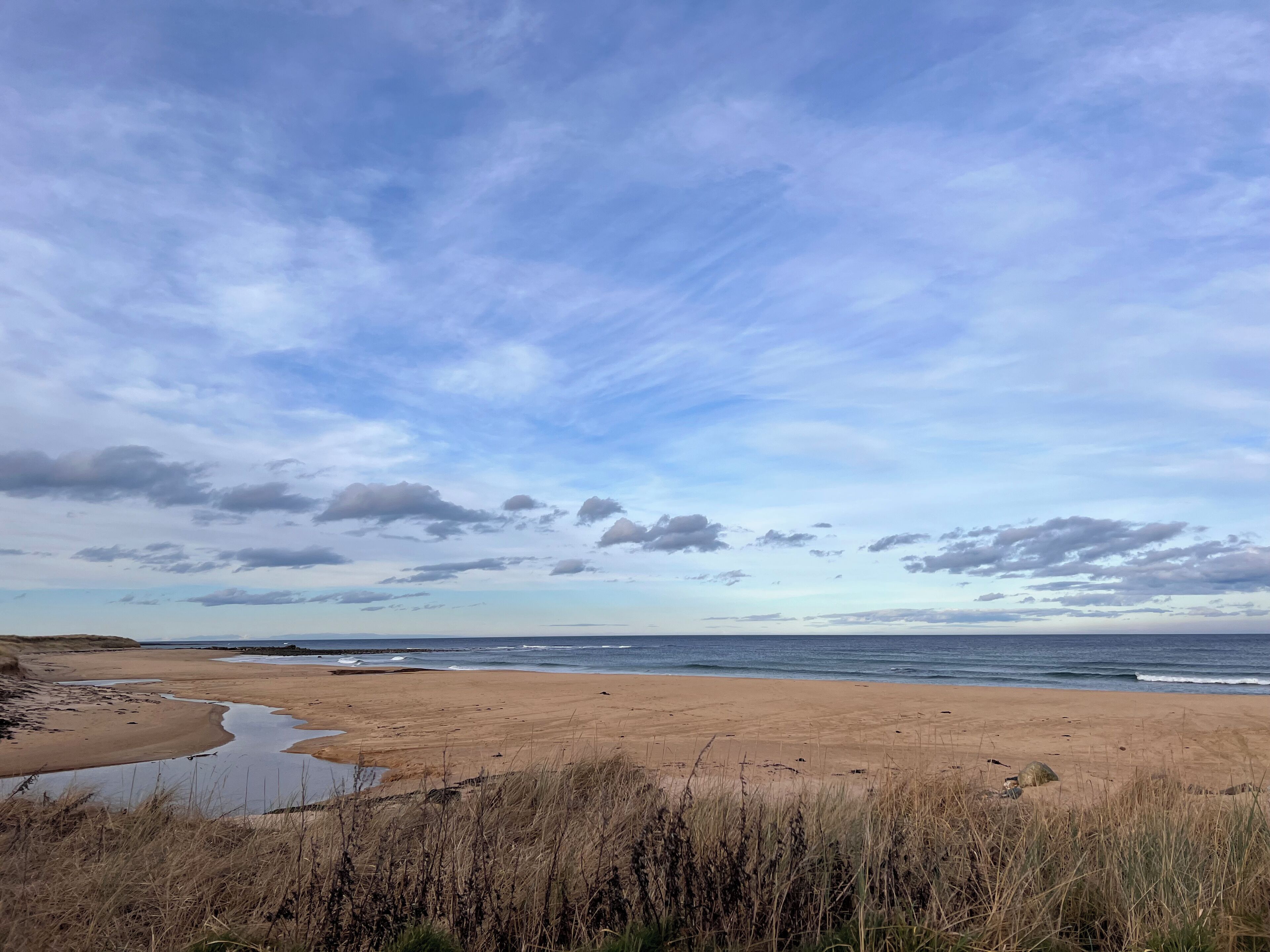 A beach with a wide sandy shore, grassy dunes, and a calm sea under a partly cloudy sky.