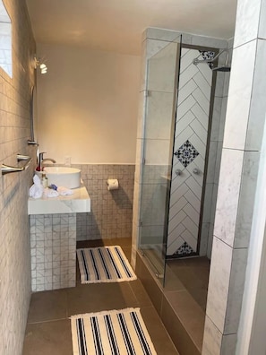 Shower, hair dryer, towels