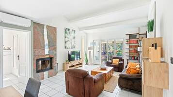 TV connectée, cheminée, livres