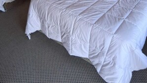 Habitación de hotel con dos camas individuales, cada una con cabecero de madera y almohadas rojas. Hay una mesita de noche con lámpara entre las camas.