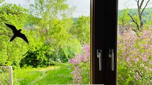 Une vue à travers une fenêtre avec une porte, donnant sur un paysage verdoyant et luxuriant, avec des arbres et des arbustes en fleurs.
