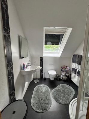 Douche, sèche-cheveux, serviettes fournies, savon
