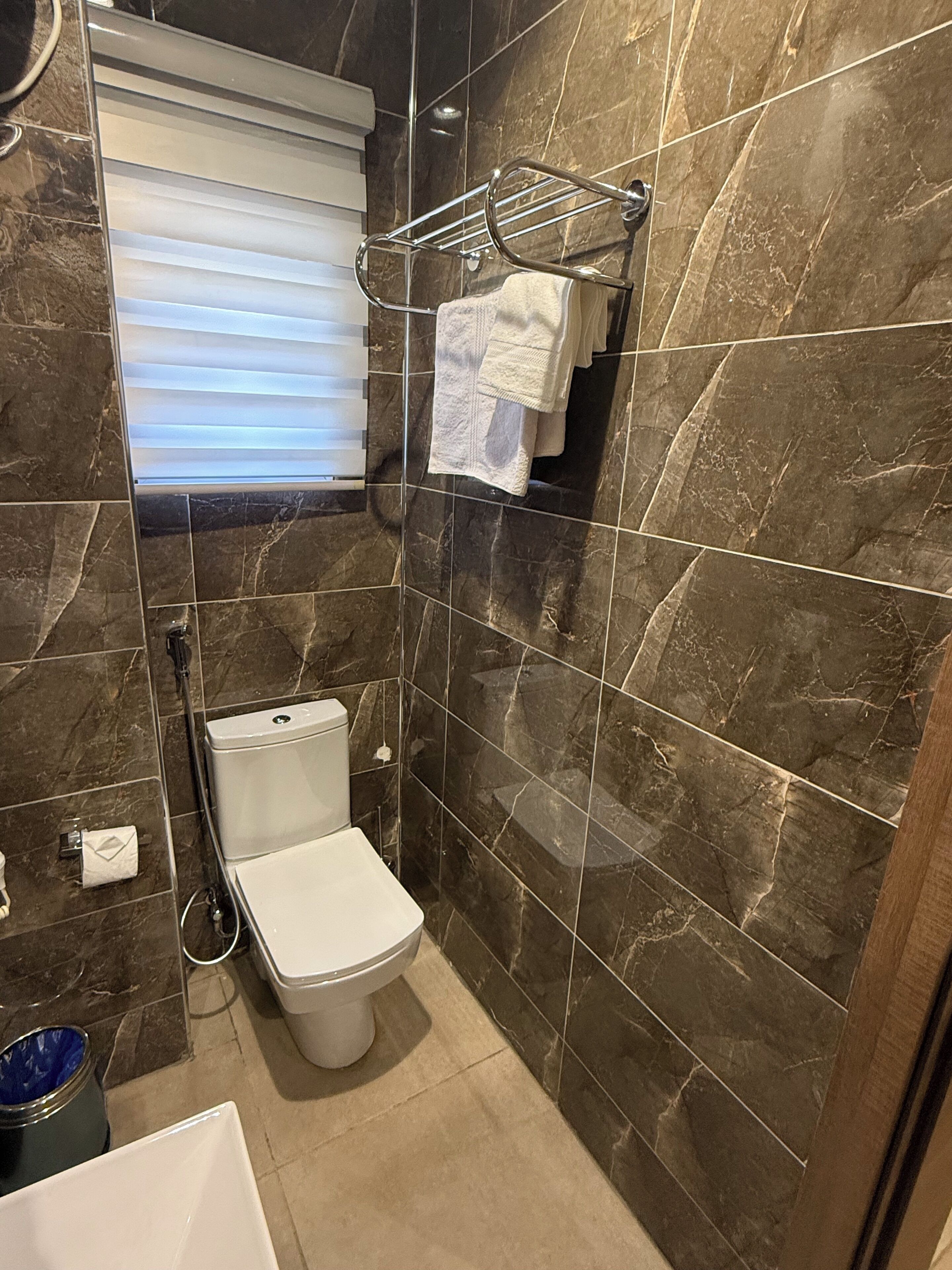 A bathroom with a toilet, a shower, and a window with blinds.