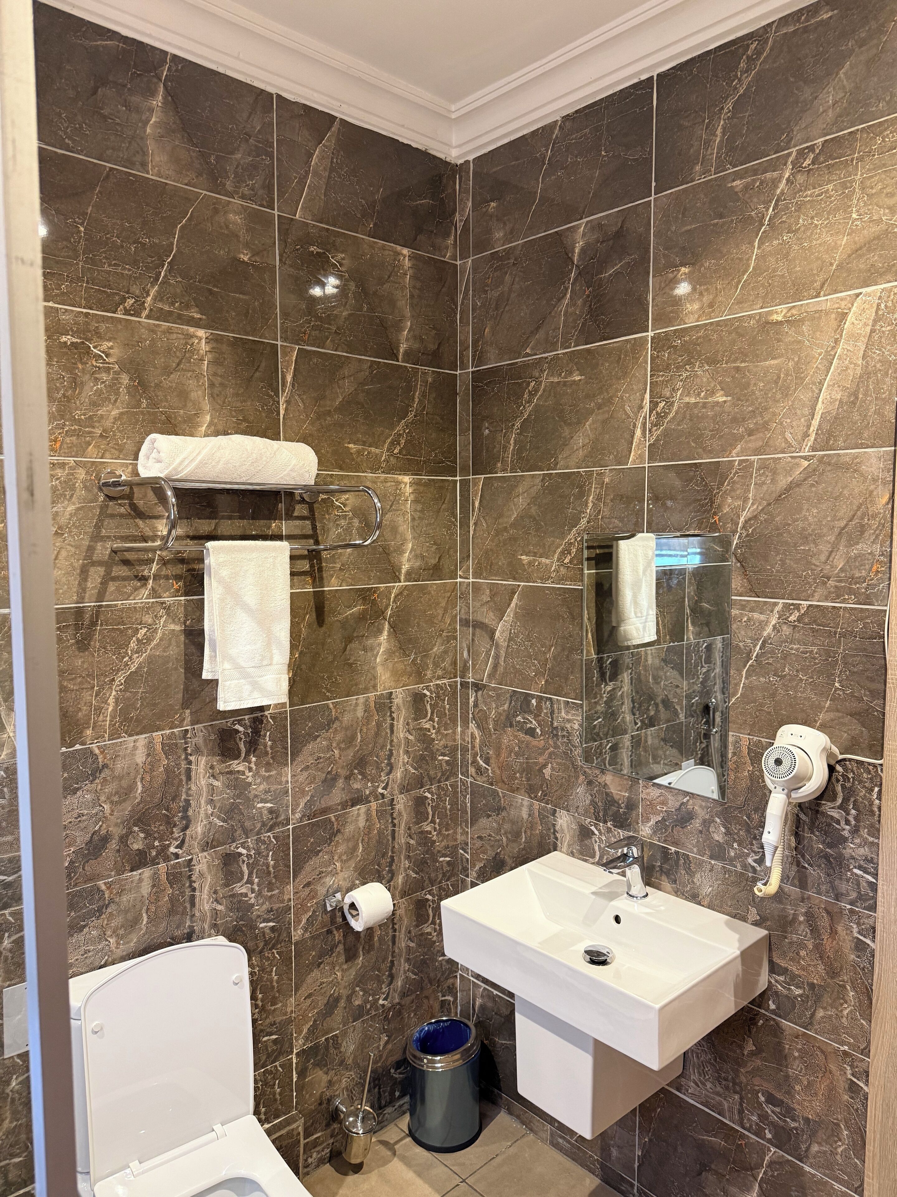 A bathroom with dark marble walls, a white sink, a toilet, and a towel rack.