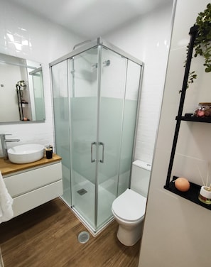 Shower, hair dryer, towels, soap