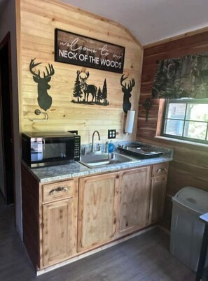 Réfrigérateur, micro-ondes, plaque de cuisson, cafetière/bouilloire