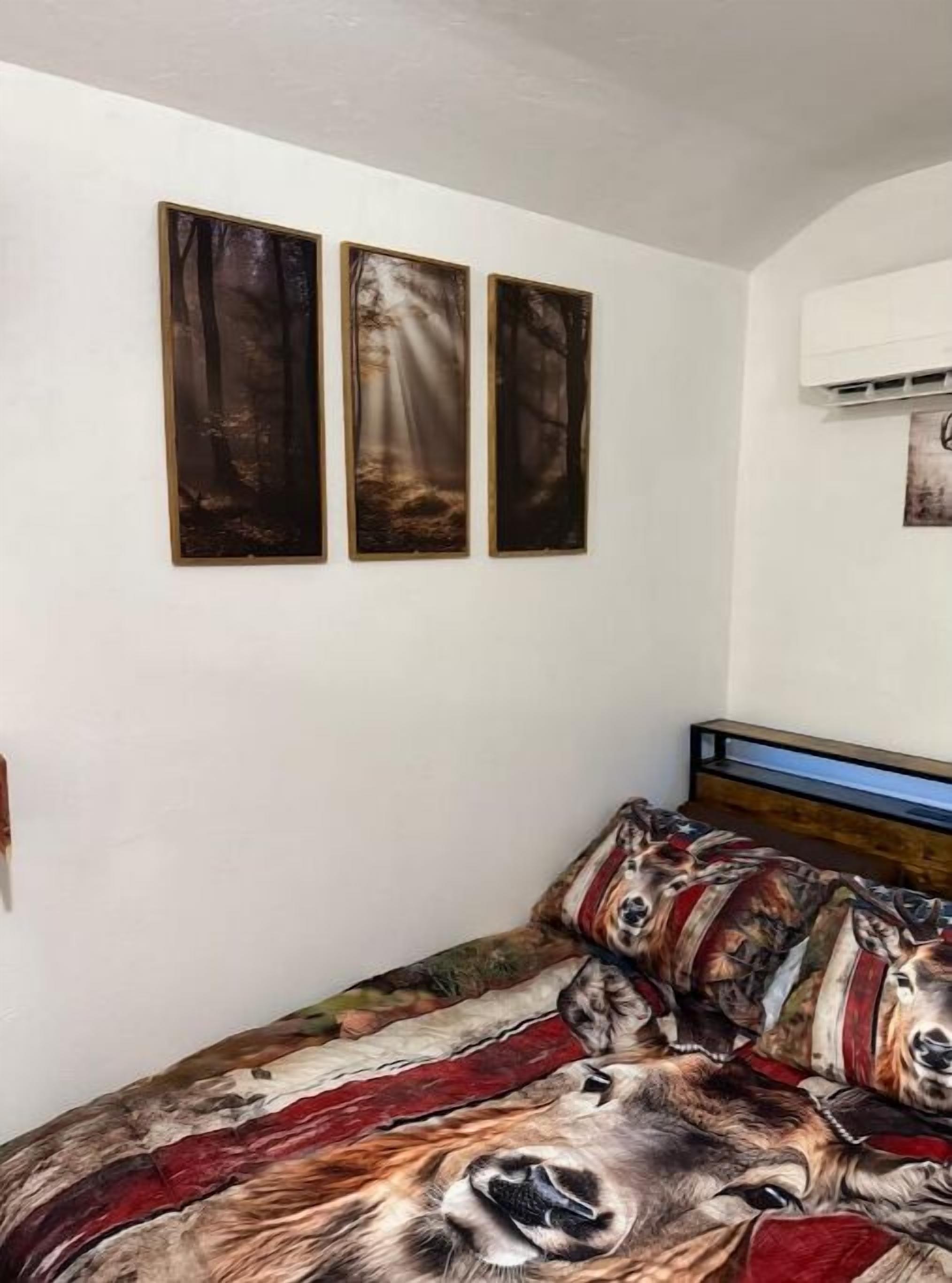 Une chambre à coucher avec un lit orné d’un motif à motifs de vaches, un mur blanc et trois tableaux encadrés au-dessus du lit.