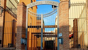 Una entrada protegida con reja a un edificio residencial, con pared de ladrillo y portón metálico.