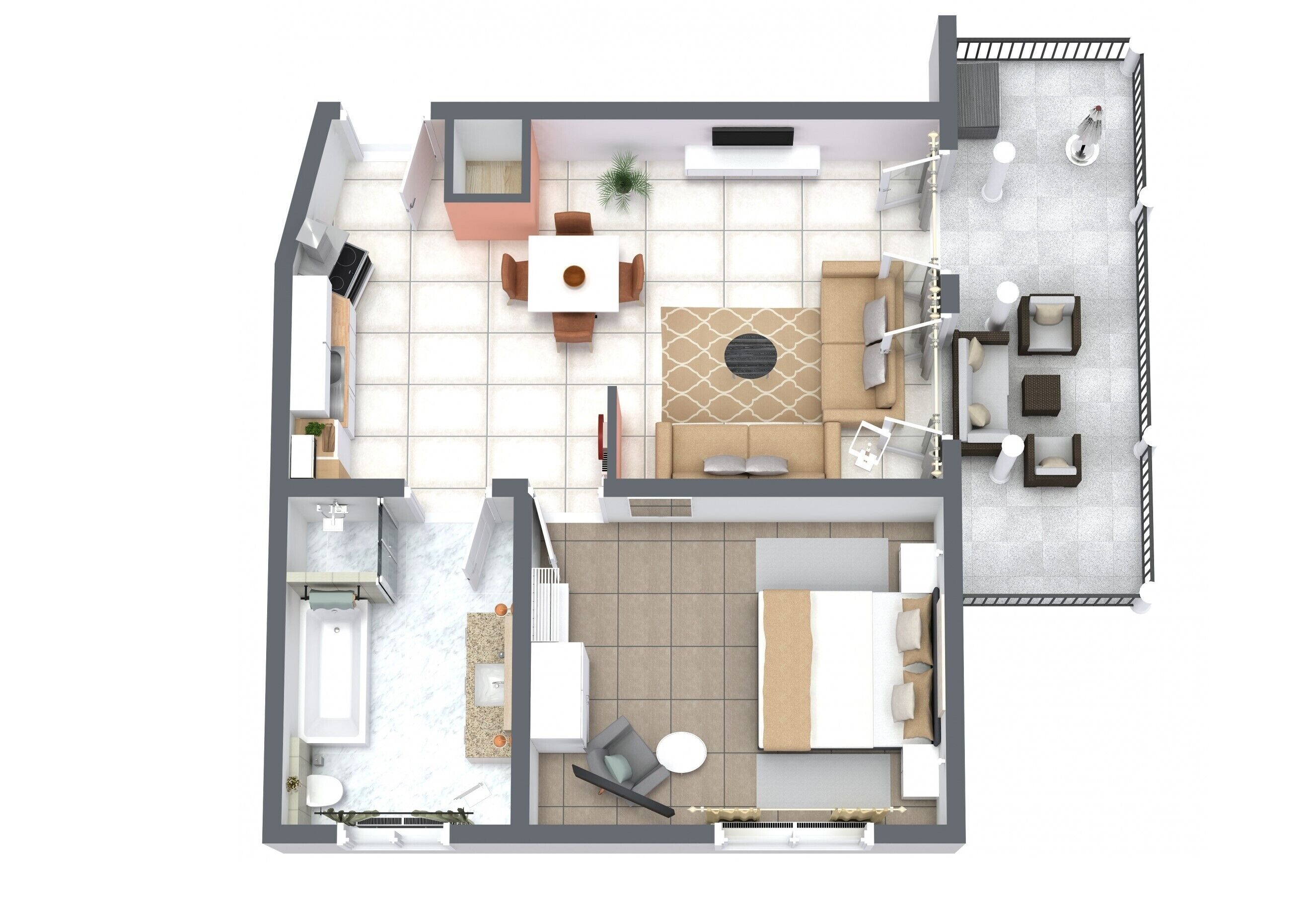 A 2-bedroom apartment layout with a living room, dining area, kitchen, and a balcony.