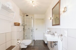 A modern bathroom with a toilet, sink, shower, and a mirror.