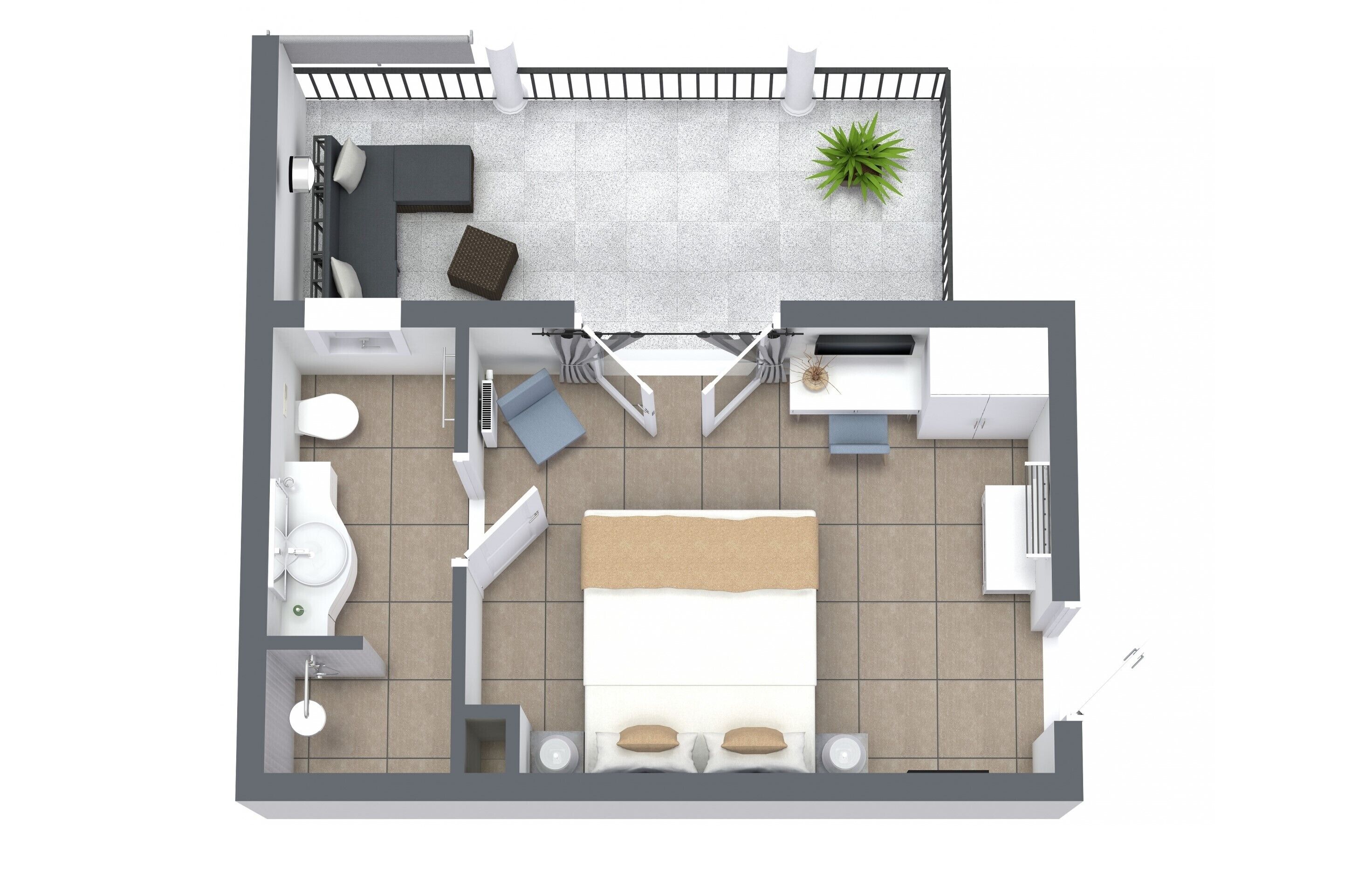 Distribución de un apartamento de dos habitaciones con sala de estar, cocina, baño y un balcón.