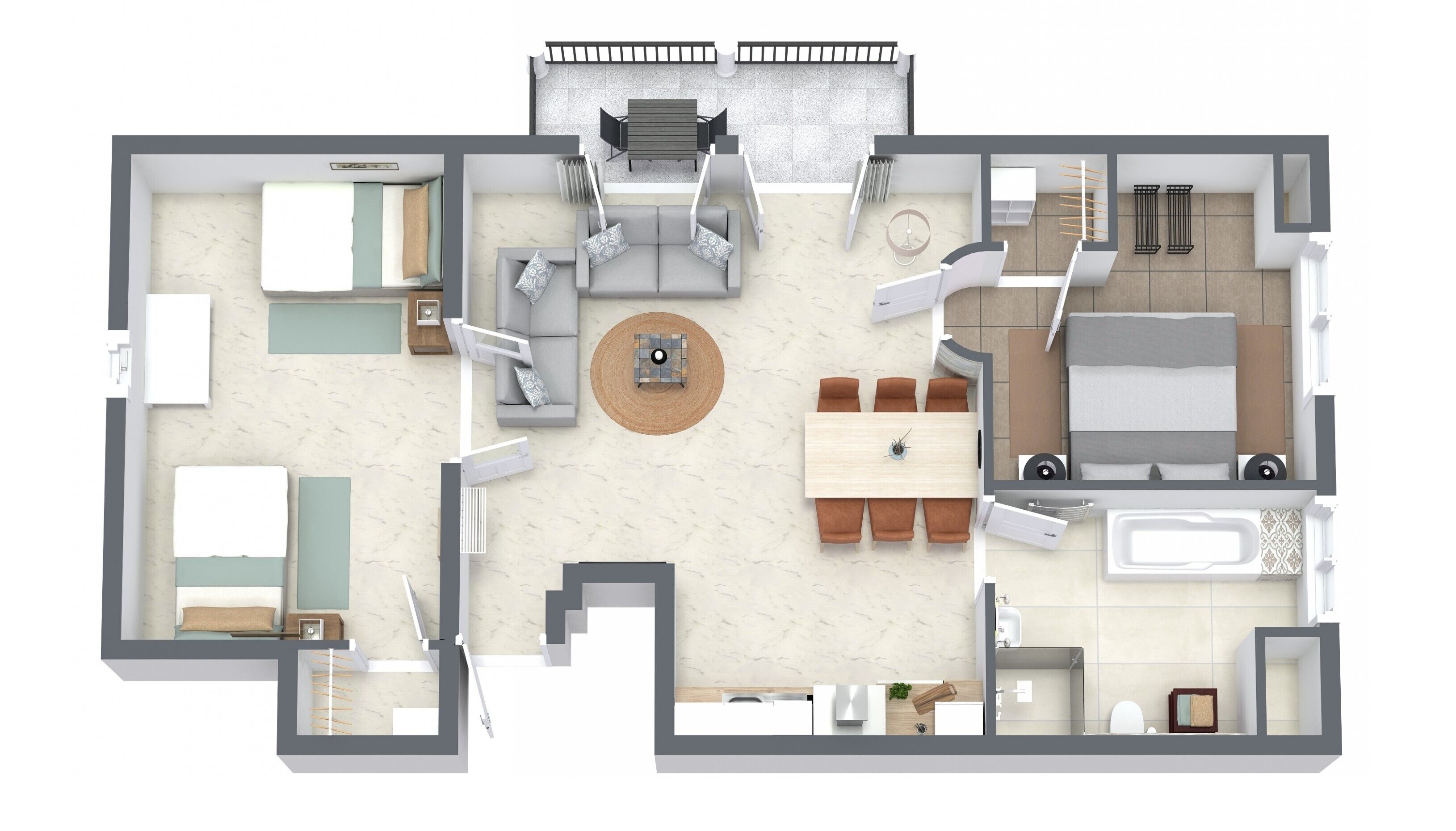 A 2-bedroom apartment layout with a living room, dining area, kitchen, and separate bedrooms.