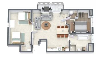A 2-bedroom apartment layout with a living room, dining area, kitchen, and separate bedrooms.