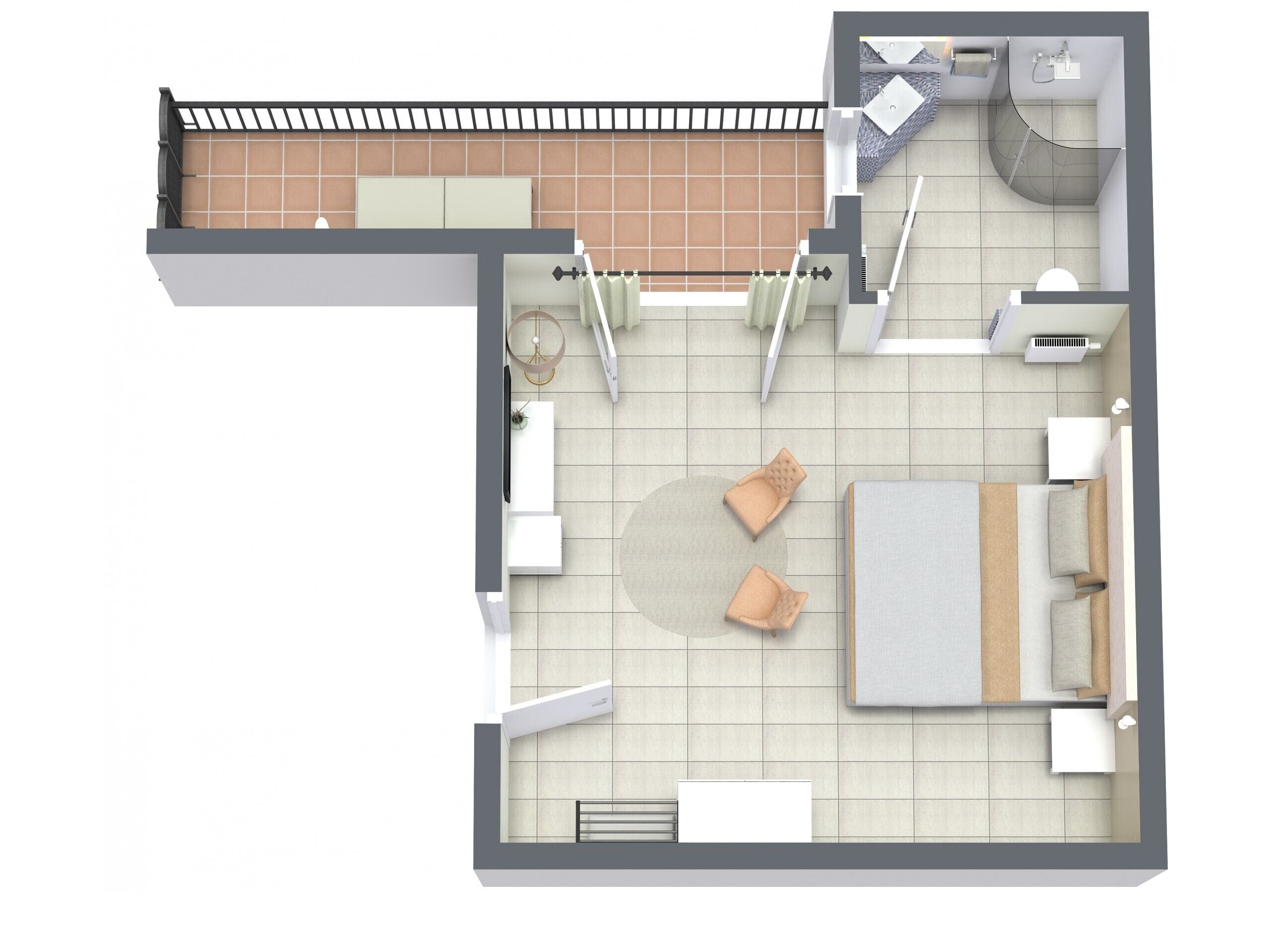 A 2-bedroom apartment layout with a balcony, a bathroom, and a dining area.