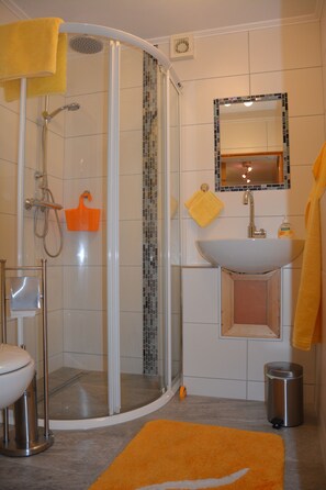 Shower, hair dryer, towels, soap
