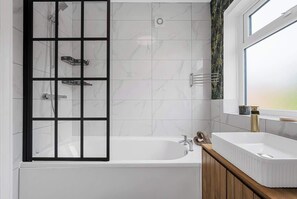 Shower, hair dryer, shampoo