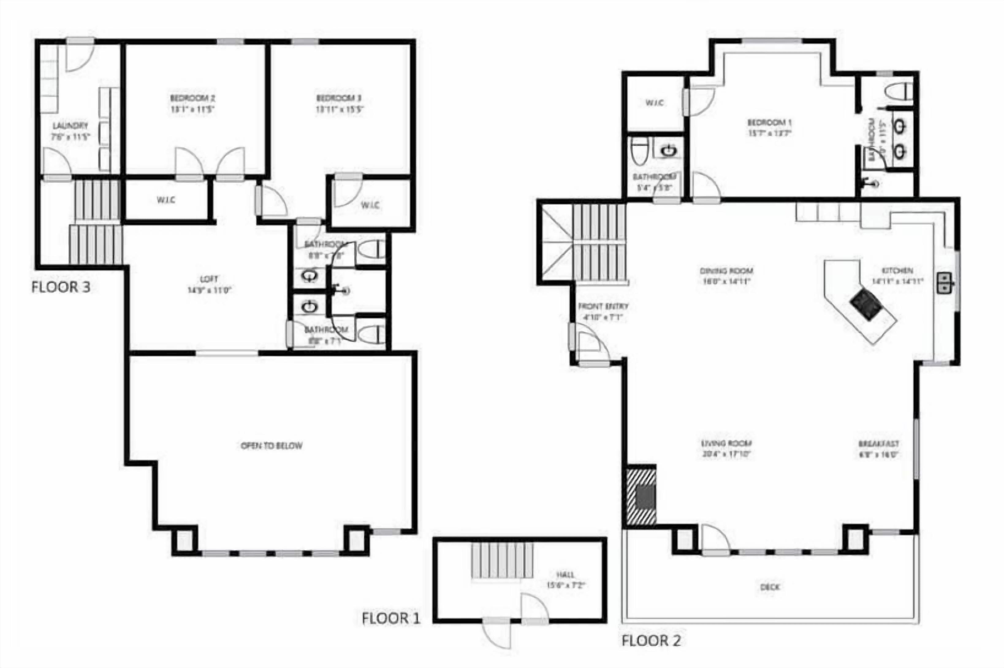 A floor plan with three bedrooms, two bathrooms, a living room, a dining area, and a kitchen.