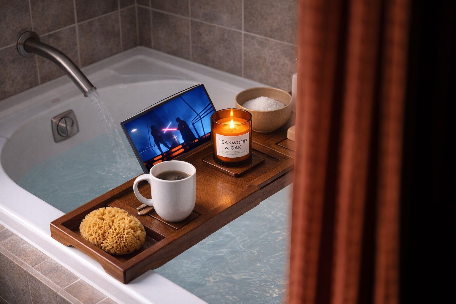 A bathtub with a TV, a candle, and a tray with a mug and a bath product.
