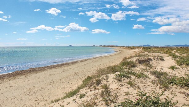 A beach with clear skies and calm waters, sandy dunes, and sparse vegetation. - Awesome apartment in San Javier (San Javier)