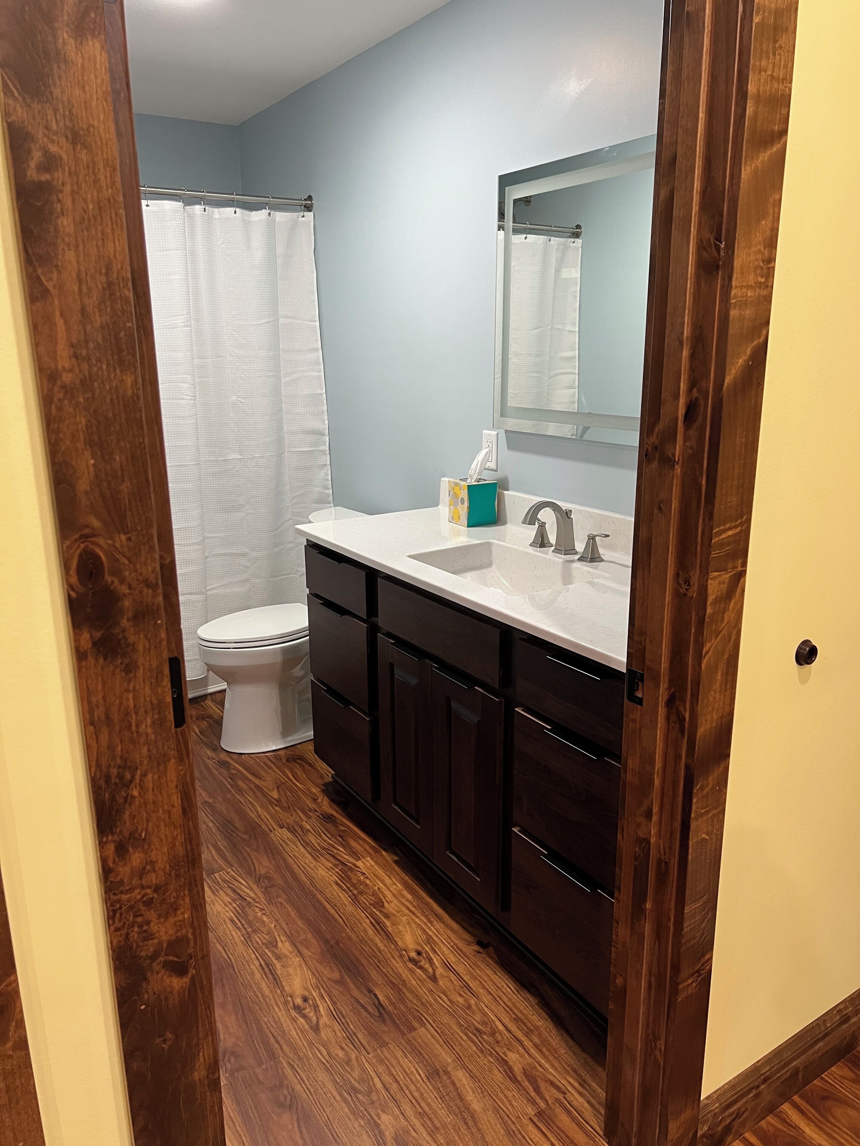 Hair dryer, towels, soap, shampoo