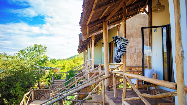 A wooden staircase leading to a thatched-roof veranda with a zebra decoration. - Akagera Park Inn (Rwinkwavu)