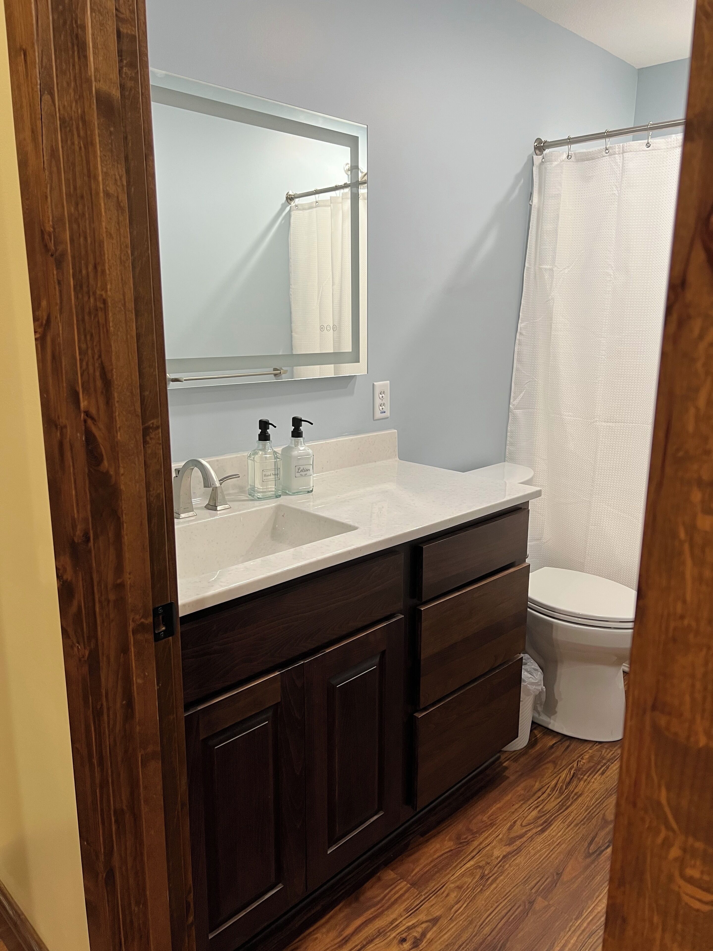 Hair dryer, soap, shampoo, toilet paper