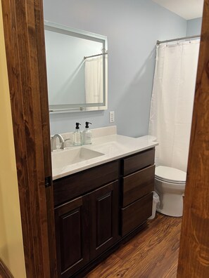 Secadora de cabello, jabón, shampoo, papel de baño 