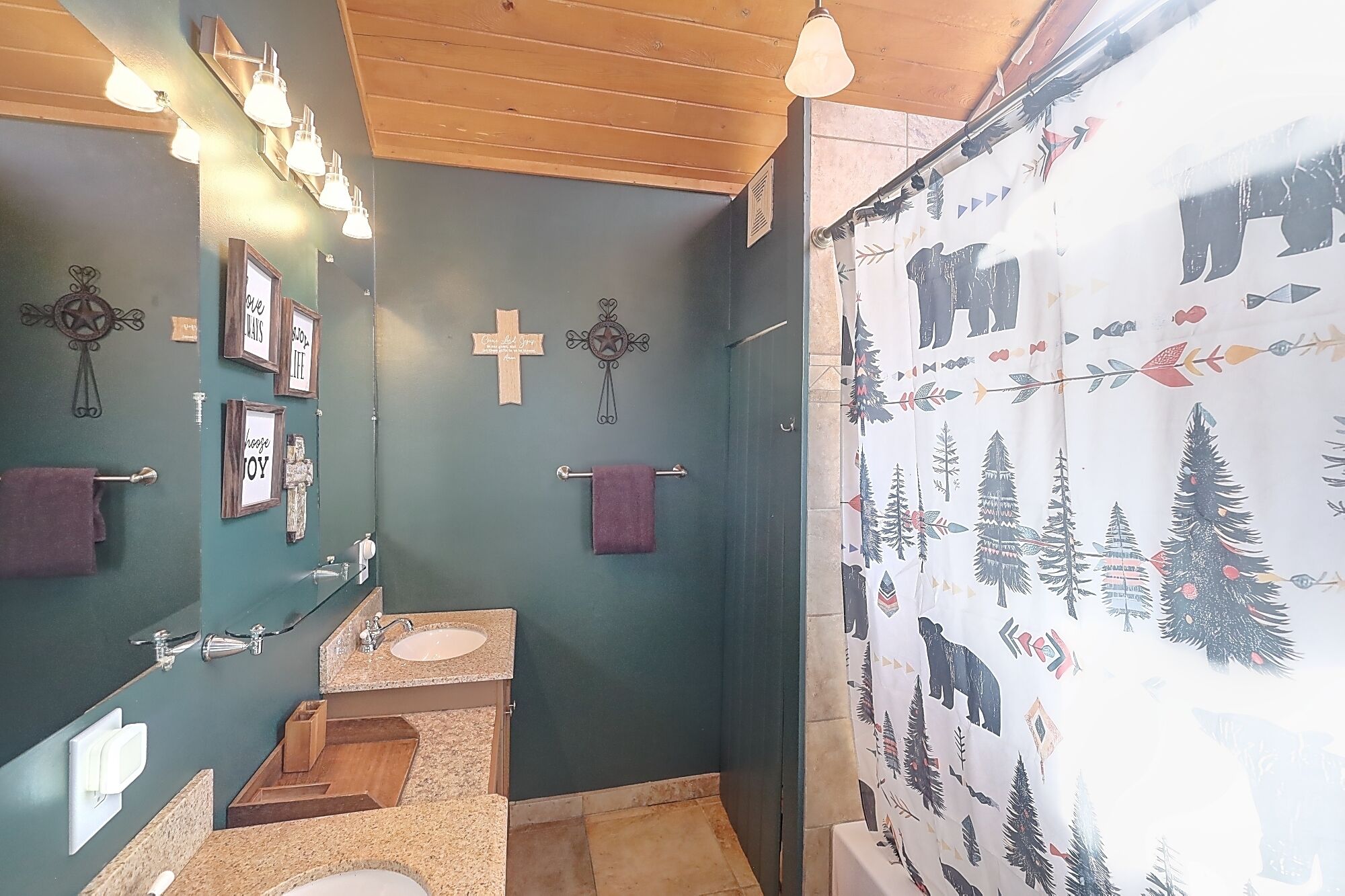 A bathroom with a sink, mirror, and towel rack. There are decorative wall hangings and a shower curtain with a forest pattern.