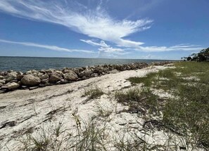 Una playa arenosa con un espigón rocoso y zonas cubiertas de hierba.