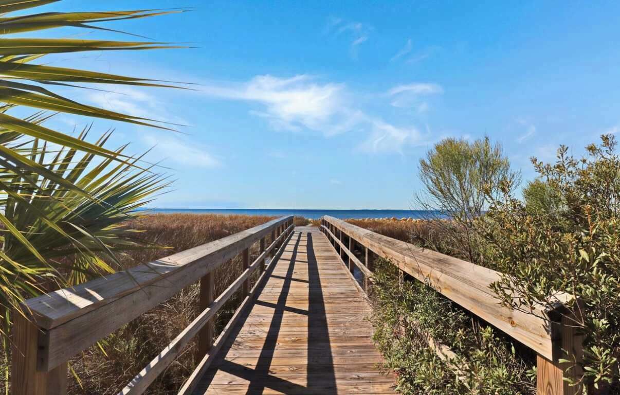 A wooden boardwalk leading to the beach, surrounded by vegetation.
